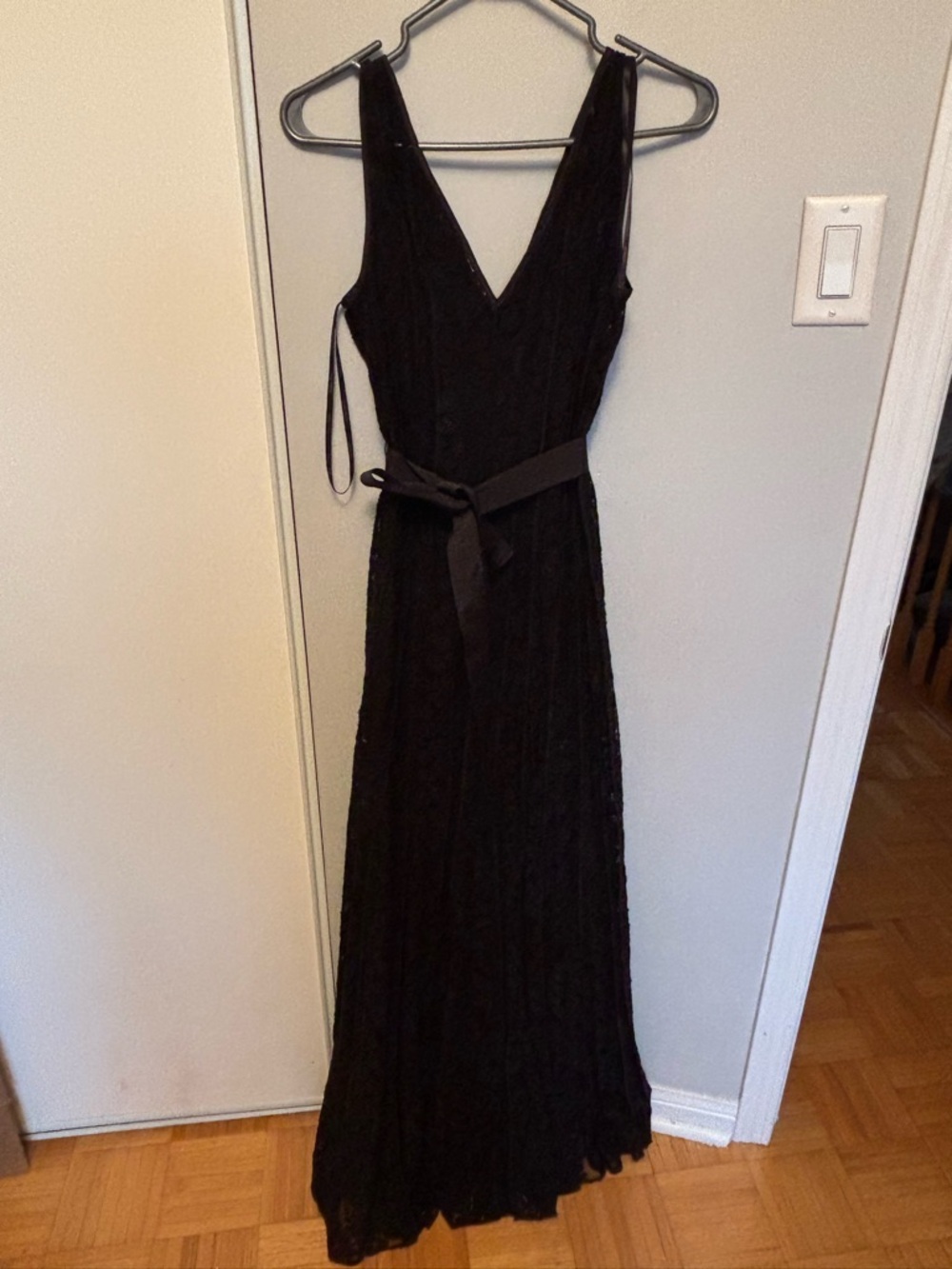 Calvin Klein Black V-Neck Sleeveless Maxi Dress with Waist Tie